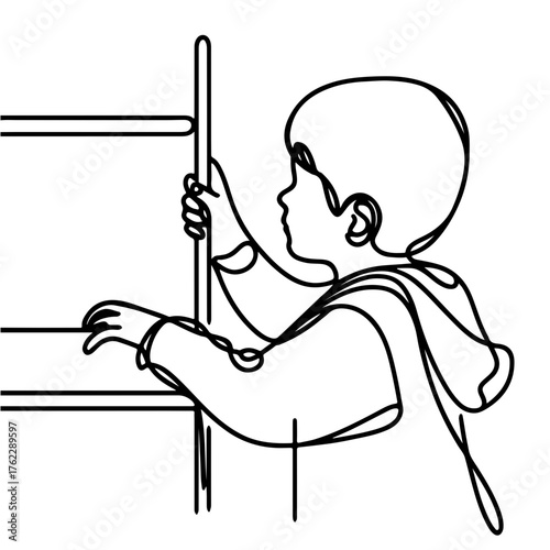 Boy reaching for shelf one line minimalist drawing