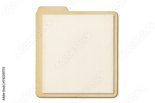 Manila file folder with blank paper document on transparent background, organizing office information