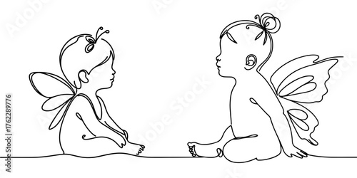 Two babies with butterfly wings one line illustration