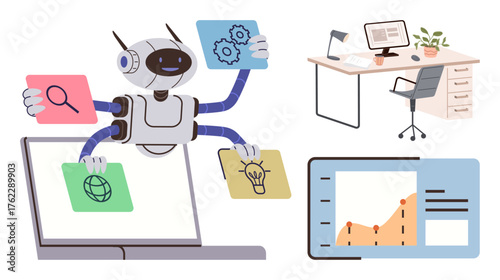 Robot executing tasks, holding idea, gears, and search icons, analyzing data on laptop, with modern workspace setup. Ideal for AI, productivity, multitasking innovation automation data analysis