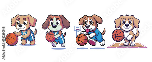 Adorable cartoon puppies playing basketball with playful expressions and dynamic poses, perfect for sports and kids' themes.