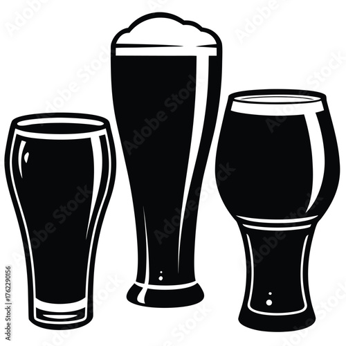 Three Beer Glasses Black and White Vector Icon Set.