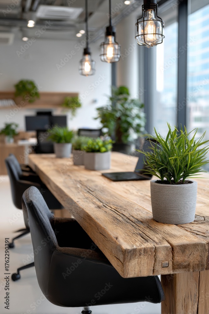 Fototapeta premium Modern office meeting space with wooden table and plants during daytime