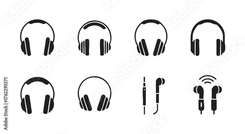 Black headphones vector illustration set on isolated white background audio