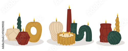 Set of decorative candles in various shapes. For home decor, cozy interiors, and retail design.