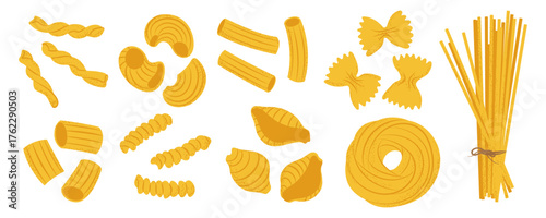 Set of various pasta shapes, ideal for cooking blogs, restaurant menus, or food packaging.