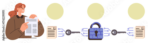 Woman holding document, connected with encrypted lock and digital keys, emphasizing data security, encryption, digital transformation, information sharing, cybersecurity, blockchain, privacy