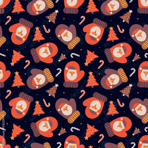 Christmas dark pattern for packaging design, funny mittens, Christmas tree.