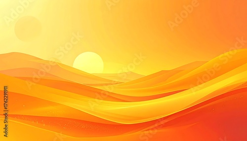 Fototapeta Naklejka Na Ścianę i Meble -  An abstract, stylized landscape bathed in warm hues. Rolling dunes stretch under a vibrant sky with multiple celestial bodies