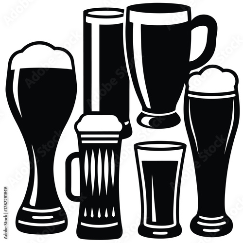 Three Beer Glasses Black and White Vector Icon Set.