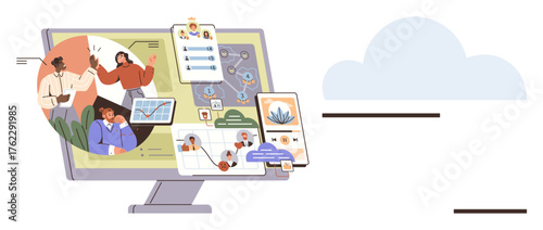 Computer screen with charts, team collaboration visuals, task assignments, and data sharing highlights modern digital project management. Ideal for teamwork, productivity, communication, workflow