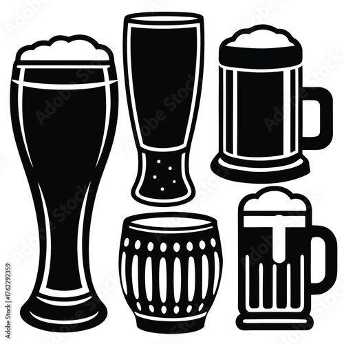 Three Beer Glasses Black and White Vector Icon Set.