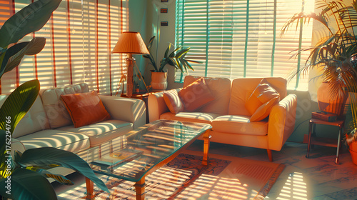 retro 1980s living room, pastel colors, vintage furniture, sunlight through blinds, cozy and stylish, cinematic 16:9