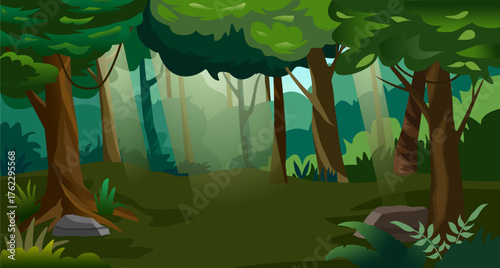 Illustration of jungle with sun rays pass through the trees