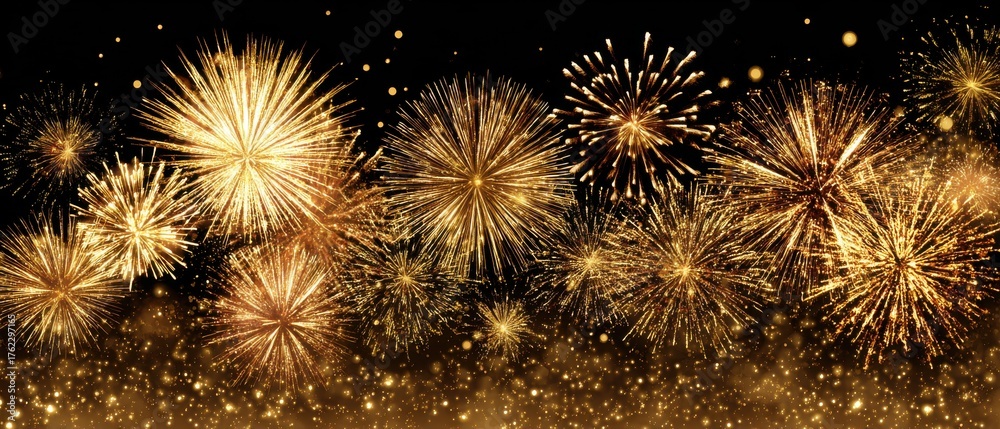 Naklejka premium Golden Fireworks Exploding in the Night Sky Celebration Festive Background Abstract Art Style Holiday Display New Year's Eve