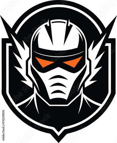  a bold and dynamic superhero mask logo featuring sharp lines and lightning bolt accents, conveying power, speed, and futuristic technology