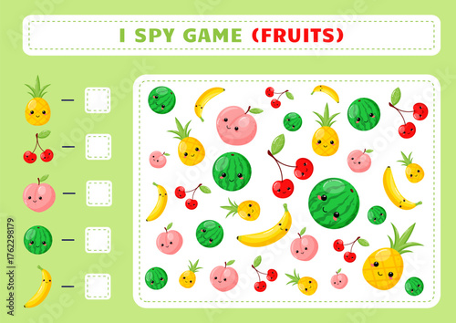 Educational game for kids count objects. Cute fruits. I spy game. Educational activity worksheet.Illustration for kids books and workbooks. Logical quest for children.  Vector illustration.