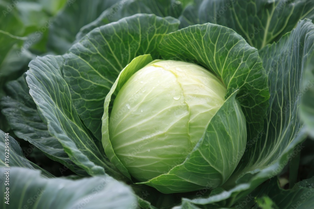 Fototapeta premium Close up of a Fresh Cabbage Head Growing in a Garden Patch with Large Green Leaves and Water Droplets Overhead View Healthy Eating Farm to Table