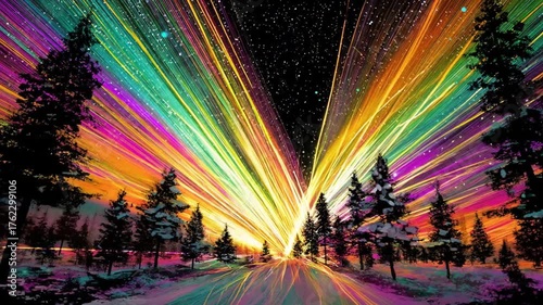 Vibrant aurora borealis illuminates snowy forest path.  Colorful light streaks radiate from a central point, creating a magical, surreal winter scene