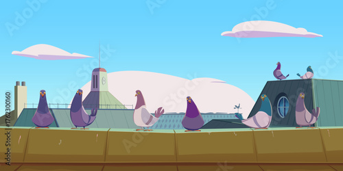 A flock of pigeons perched on a roof. Panoramic view of European-style city rooftops, a town hall with a clock, a rusty metal roof, and a cute cartoon pigeon. Vector illustration.