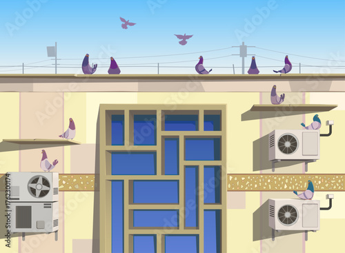Air-conditioned building facade, concrete panels, and a window in the Art Nouveau style. A flock of pigeons on the roof. Cute cartoon pigeon. Cityscape with pigeons. Vector illustration.
