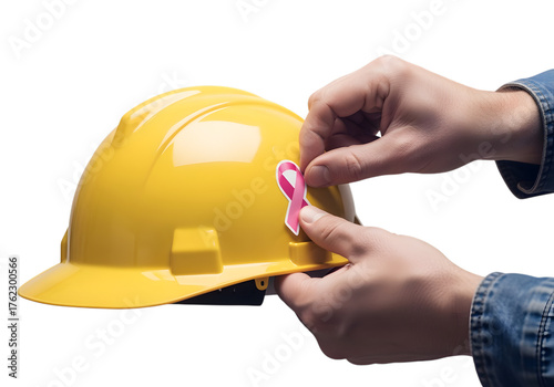 Hands affixing pink ribbon sticker onto yellow hardhat in support of breast cancer awareness