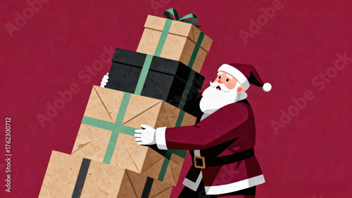 Paper Santa Carrying Gifts. The image is a stylized depiction of Santa Claus made from paper, carrying a stack of wrapped gifts, likely for Christmas.