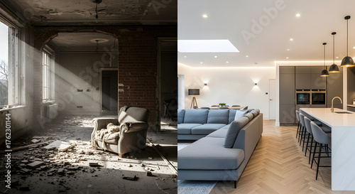 Dilapidated living room transforms into modern open concept kitchen and lounge area design