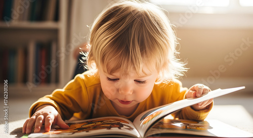 Young child engrossed in reading an open picture book while lying on floor near bookcase