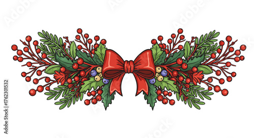 Festive holiday garland with bow and berries in vibrant detailed style