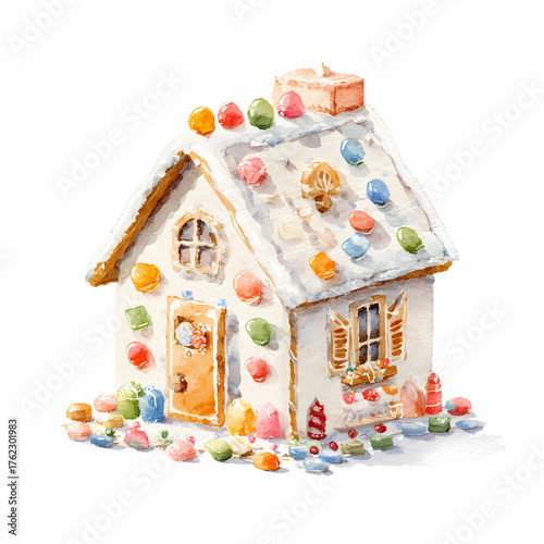 Gingerbread house covered in snow watercolor illustration, AI generated