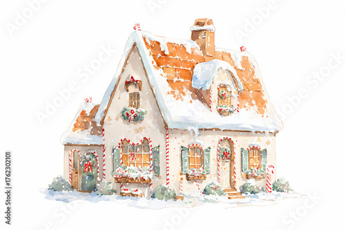 Gingerbread house covered in snow watercolor illustration, AI generated