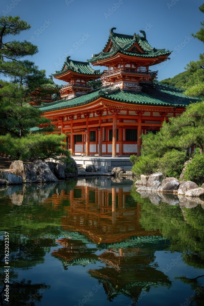 Naklejka premium Heian Shrine Building Reflection in Pond Water, Kyoto, Japan, Eye-Level Shot, Clear Sky, Tranquil Scene, Japanese Architecture, Green Roof, Orange Structure
