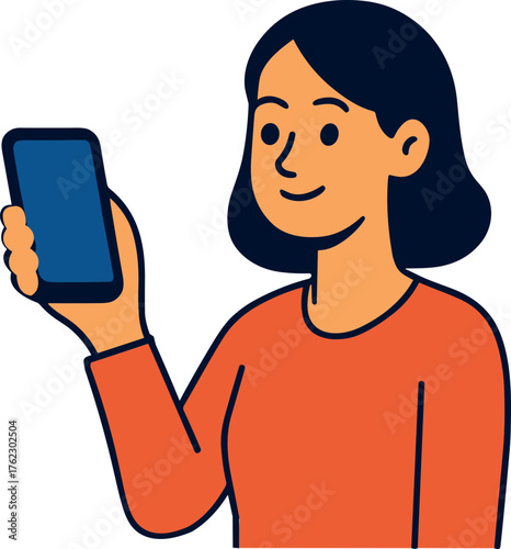 Fotografija A smiling woman holding up a blank smartphone screen, representing mobile usage, communication, or online activity