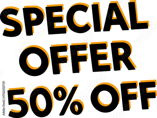 Stylized “SPECIAL OFFER 50% OFF” text in a bold stencil-style font with bright orange coloring, designed to stand out in promotional sale and discount advertising.