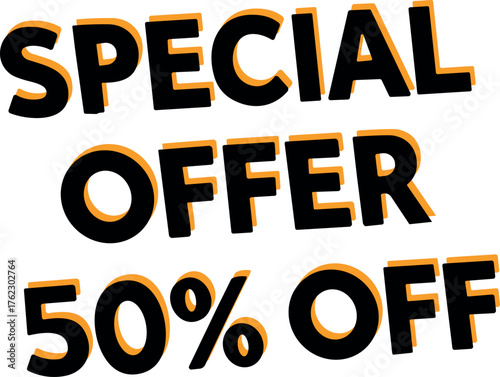 Stylized “SPECIAL OFFER 50% OFF” text in a bold stencil-style font with bright orange coloring, designed to stand out in promotional sale and discount advertising.