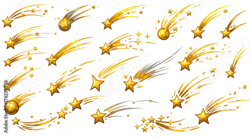 Shining shooting stars and comets in dynamic cartoon style with golden trails