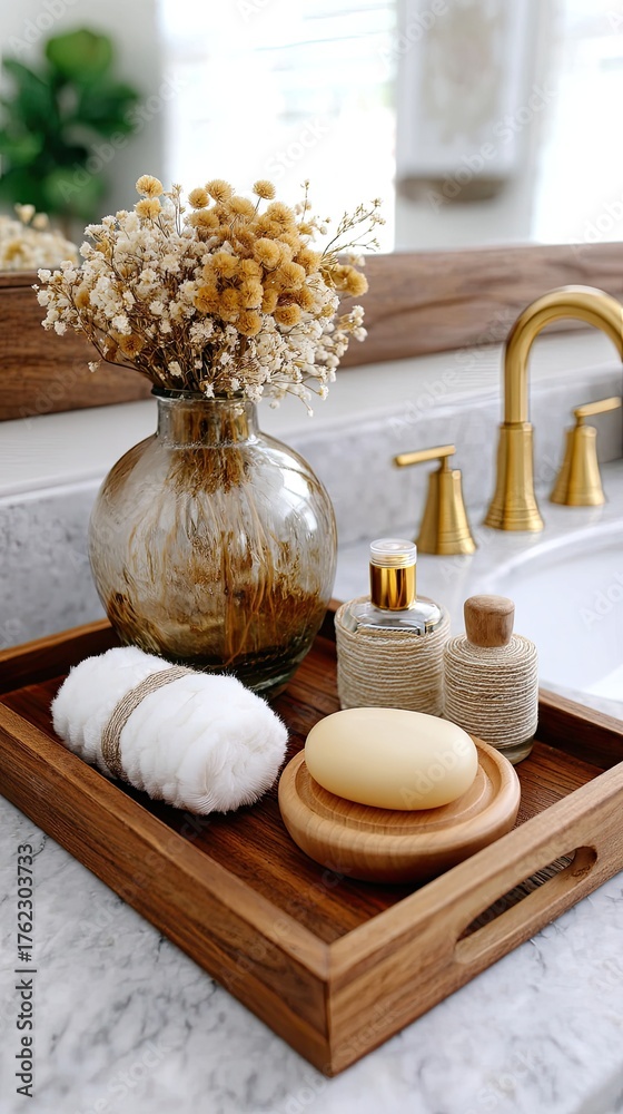 Obraz premium Stylish bathroom counter features neatly arranged towels, skincare items, and simple decor, creating a relaxing and inviting space