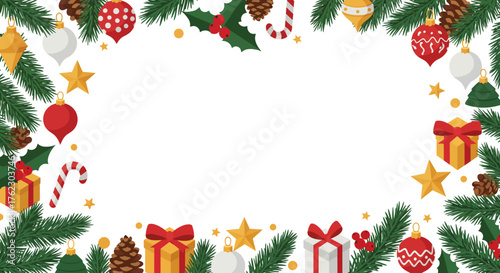 Festive christmas border with pine branches, ornaments, and gifts in flat design
