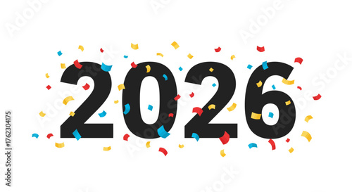 2026 celebration with colorful confetti on white background