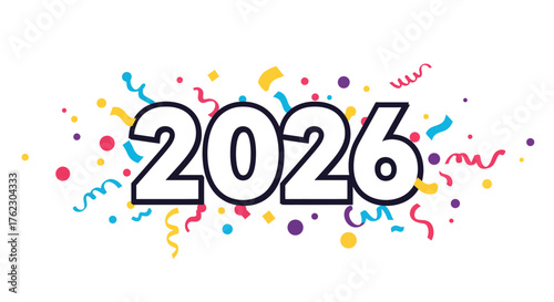 Colorful new year 2026 celebration design with confetti and bold numbers