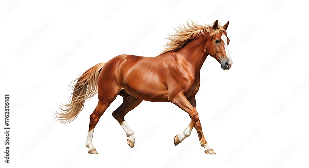 Naklejka premium Majestic chestnut horse with flowing mane and tail running across a white background