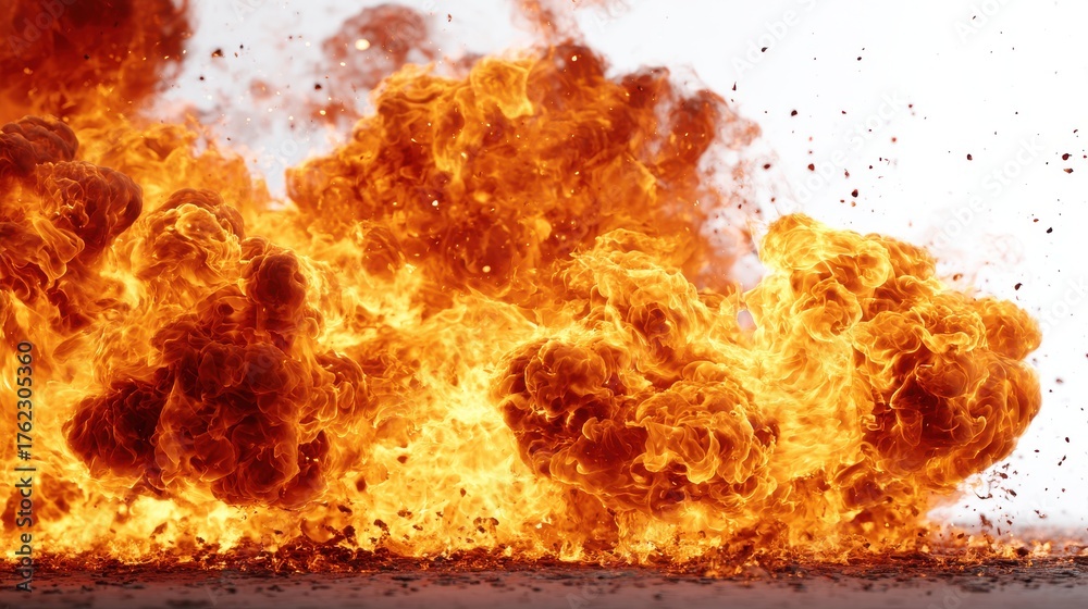 Obraz premium Fiery explosion erupting with intense heat and smoke against a bright background extreme close up dramatic
