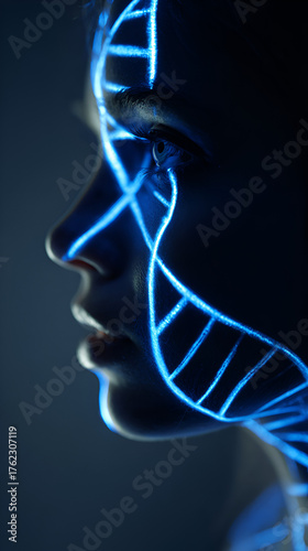 Wallpaper Mural Human face with glowing DNA strand overlay, Futuristic biotech portrait with genetic code, Sci-fi concept of human genome and identity Torontodigital.ca