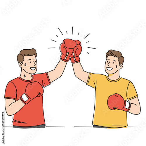 Two men celebrating victory with boxing gloves against white background  