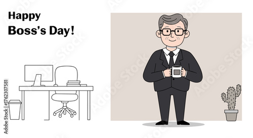 Businessman holding coffee mug and celebrating Boss's Day in office  