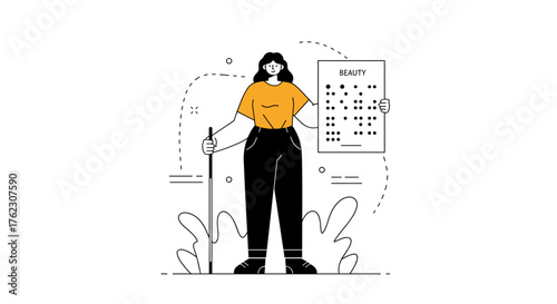 Young woman holding beauty calendar with plant elements in background  