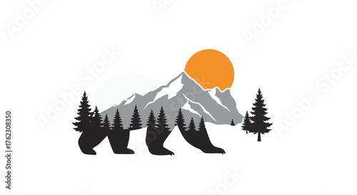 Silhouette bear with mountain and forest at sunrise