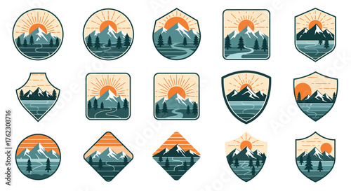 Mountain sunrise badges with scenic views and nature elements in vintage style