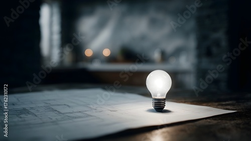 A glowing lightbulb illuminates a blueprint on a dark table symbolizing a new idea or project initiation